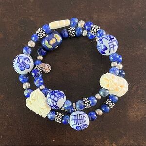 BJ Sterling Silver Lapis Blue Ceramic & Butterfly Bead Wrap Bracelet